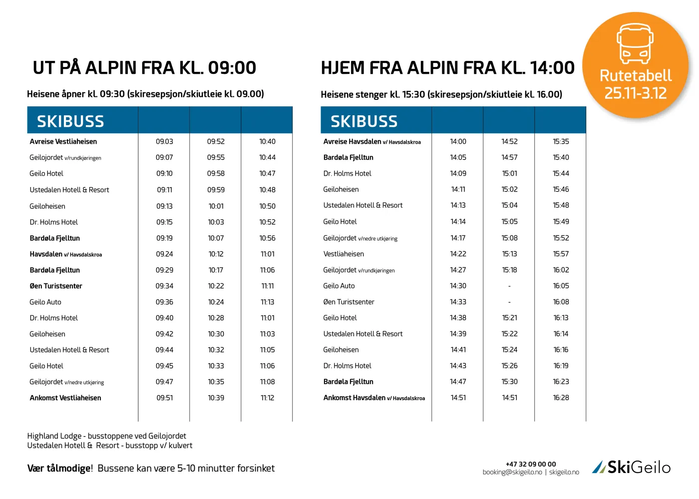 skibuss tabell sesongåpning